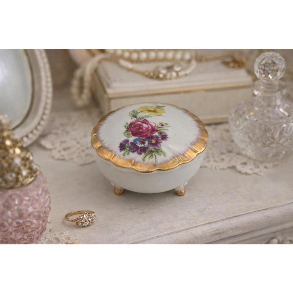 Vintage Lefton China Ring Holder w/ Flowers and Gold Trim